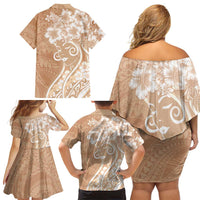 Polynesian Women's Day Family Matching Off Shoulder Short Dress and Hawaiian Shirt Brown Hibiscus Flowers With Polynesian Pattern