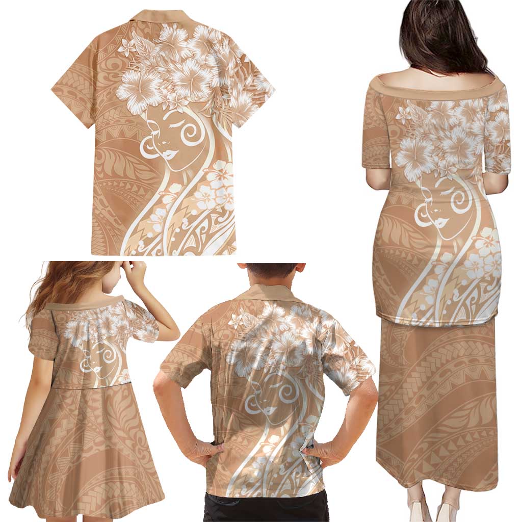 Polynesian Women's Day Family Matching Puletasi and Hawaiian Shirt Brown Hibiscus Flowers With Polynesian Pattern