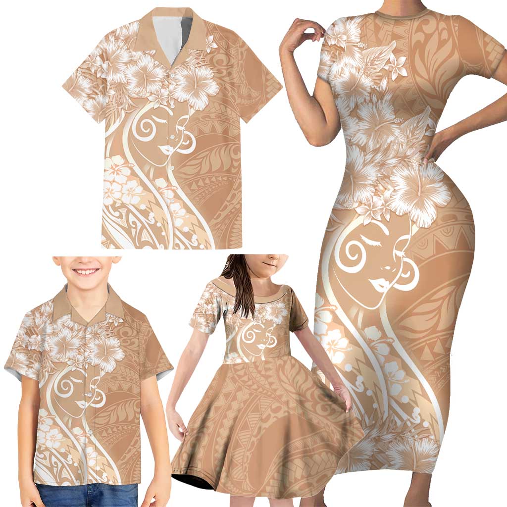 Polynesian Women's Day Family Matching Short Sleeve Bodycon Dress and Hawaiian Shirt Brown Hibiscus Flowers With Polynesian Pattern LT05 - Polynesian Pride
