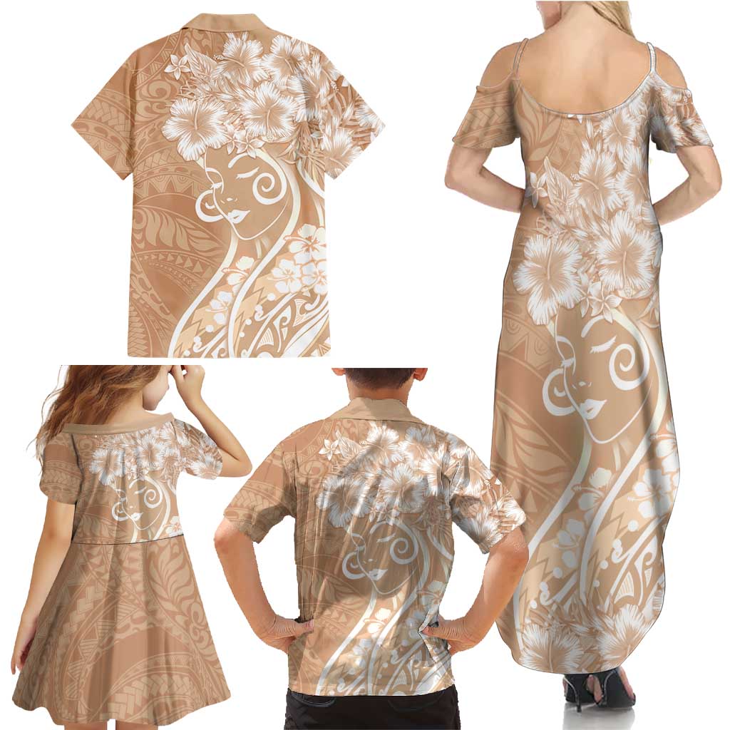 Polynesian Women's Day Family Matching Summer Maxi Dress and Hawaiian Shirt Brown Hibiscus Flowers With Polynesian Pattern