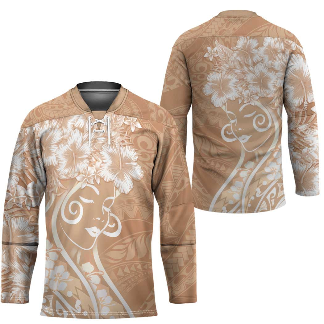 Polynesian Women's Day Hockey Jersey Brown Hibiscus Flowers With Polynesian Pattern