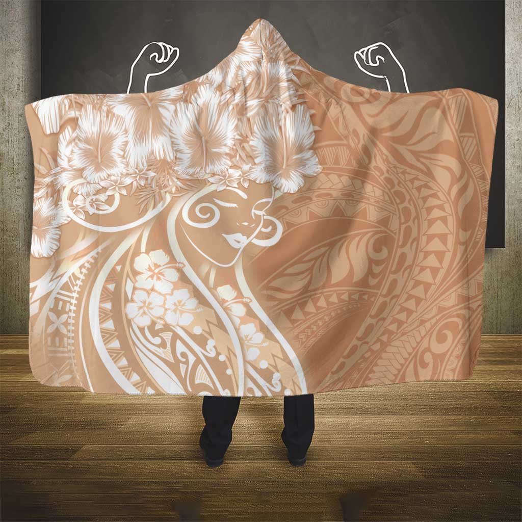 Polynesian Women's Day Hooded Blanket Brown Hibiscus Flowers With Polynesian Pattern