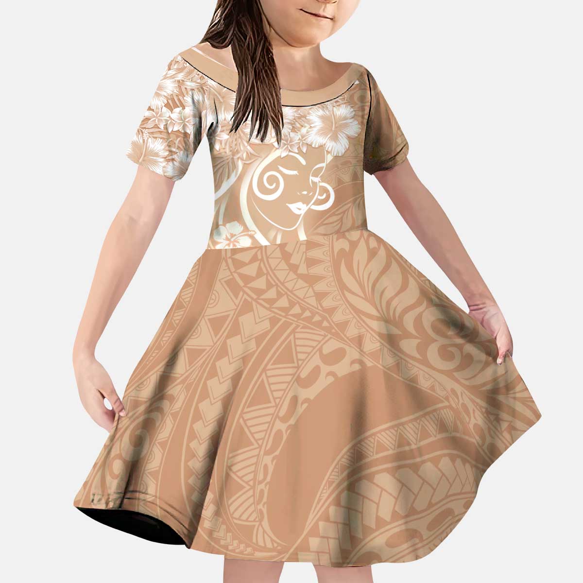 Polynesian Women's Day Kid Short Sleeve Dress Brown Hibiscus Flowers With Polynesian Pattern