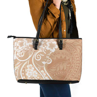 Polynesian Women's Day Leather Tote Bag Brown Hibiscus Flowers With Polynesian Pattern