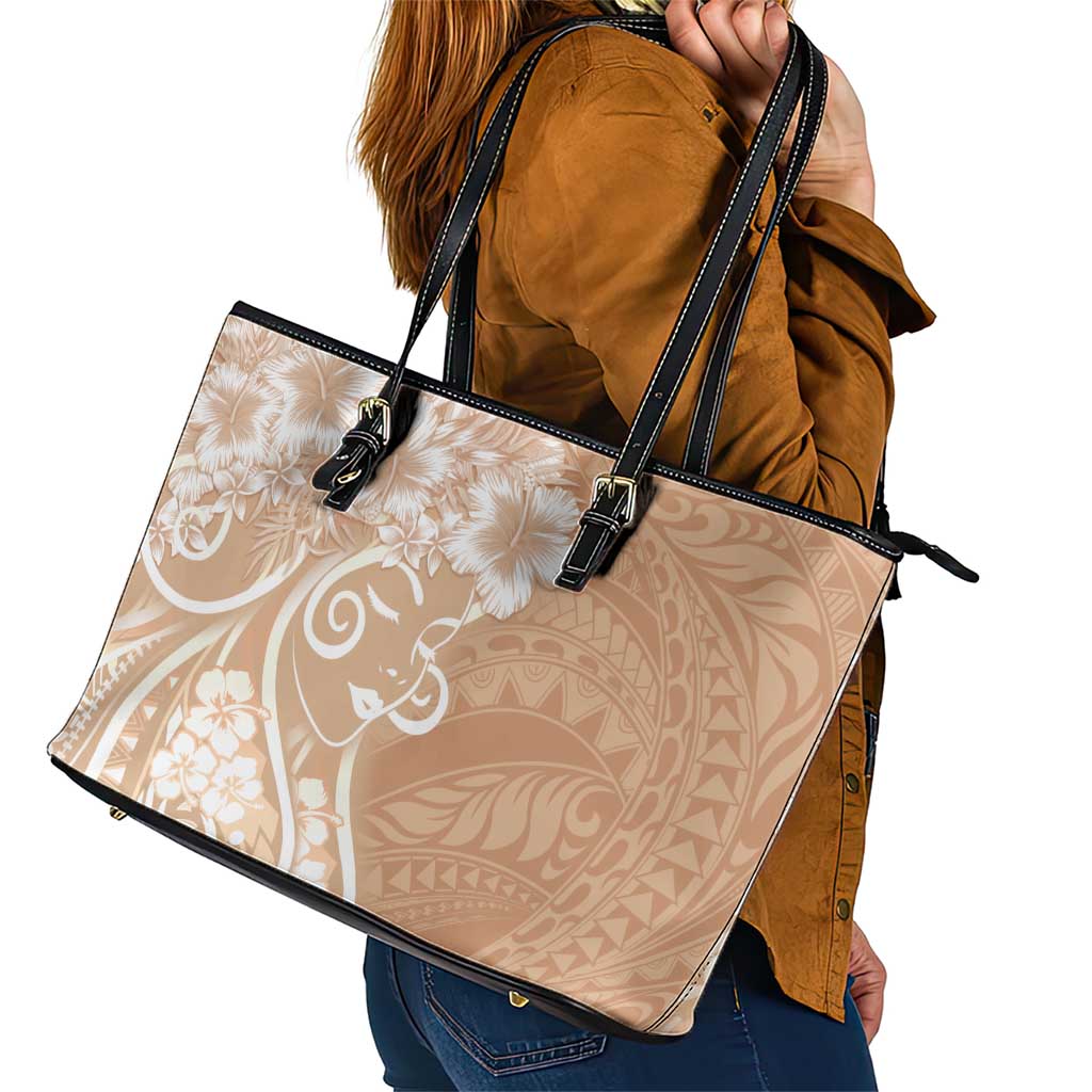 Polynesian Women's Day Leather Tote Bag Brown Hibiscus Flowers With Polynesian Pattern