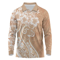 Polynesian Women's Day Long Sleeve Polo Shirt Brown Hibiscus Flowers With Polynesian Pattern