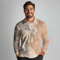 Polynesian Women's Day Long Sleeve Polo Shirt Brown Hibiscus Flowers With Polynesian Pattern