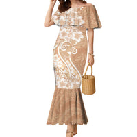 Polynesian Women's Day Mermaid Dress Brown Hibiscus Flowers With Polynesian Pattern