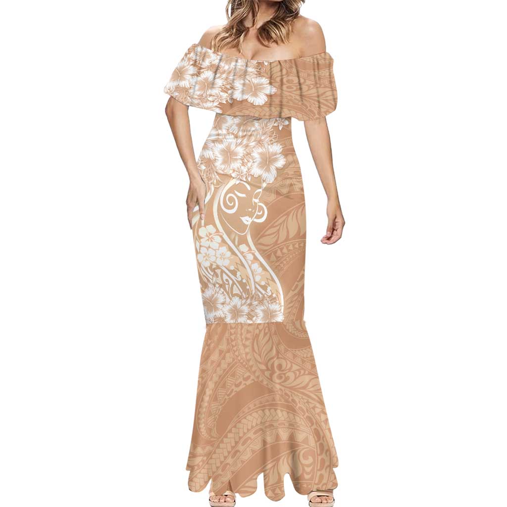 Polynesian Women's Day Mermaid Dress Brown Hibiscus Flowers With Polynesian Pattern