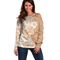 Polynesian Women's Day Off Shoulder Sweater Brown Hibiscus Flowers With Polynesian Pattern