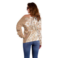 Polynesian Women's Day Off Shoulder Sweater Brown Hibiscus Flowers With Polynesian Pattern
