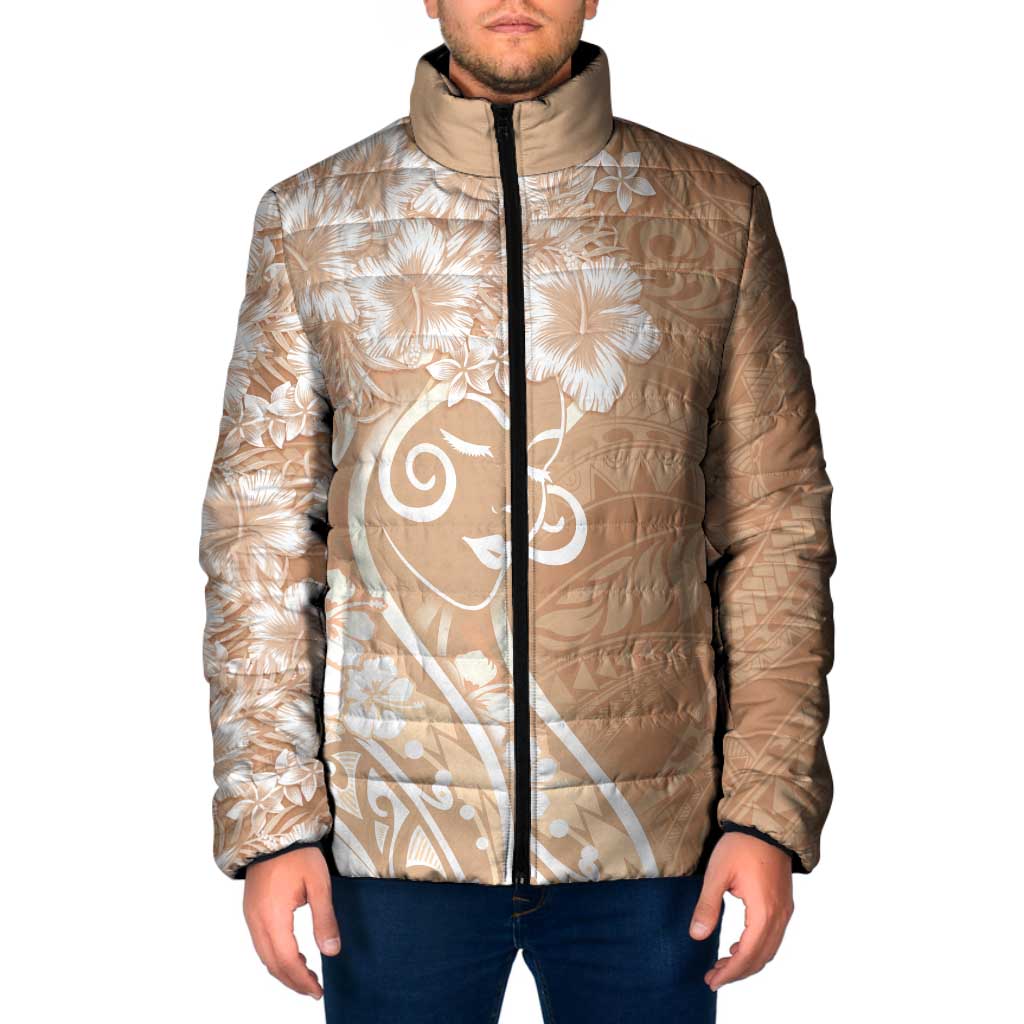 Polynesian Women's Day Padded Jacket Brown Hibiscus Flowers With Polynesian Pattern