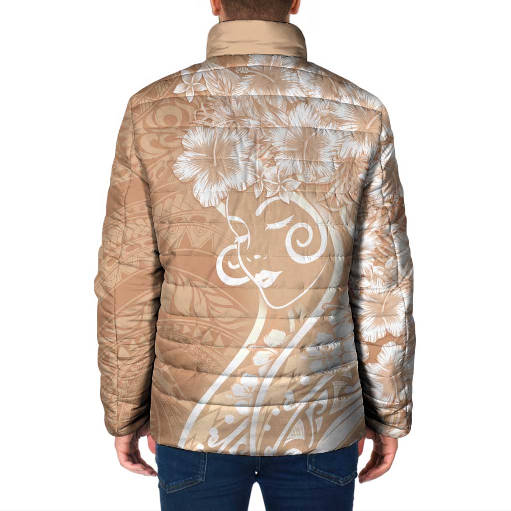 Polynesian Women's Day Padded Jacket Brown Hibiscus Flowers With Polynesian Pattern