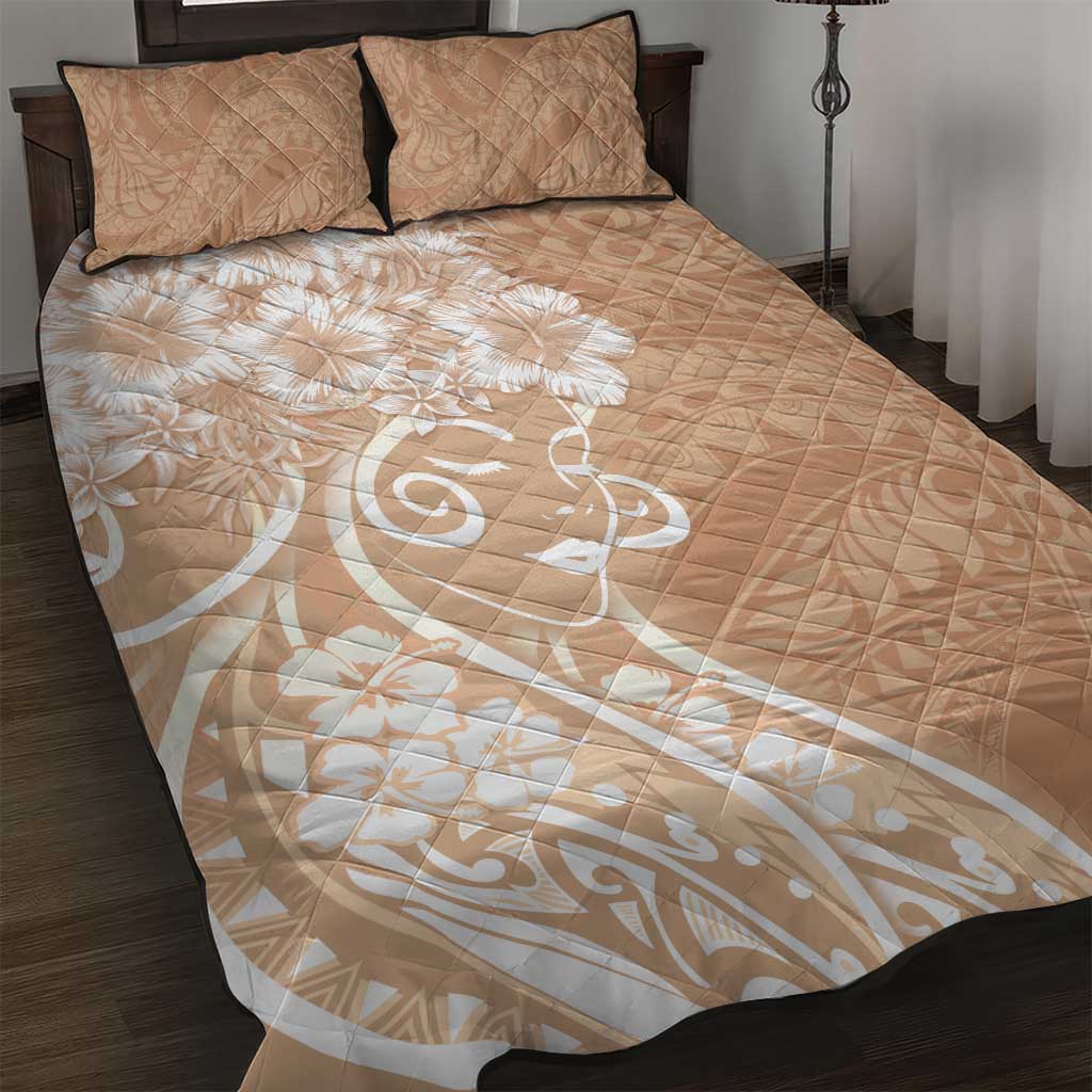 Polynesian Women's Day Quilt Bed Set Brown Hibiscus Flowers With Polynesian Pattern