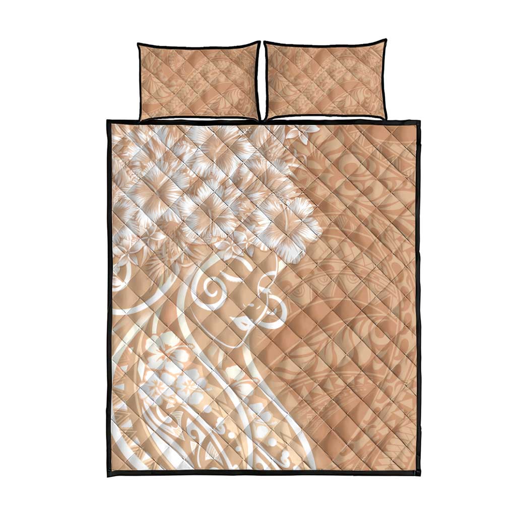 Polynesian Women's Day Quilt Bed Set Brown Hibiscus Flowers With Polynesian Pattern