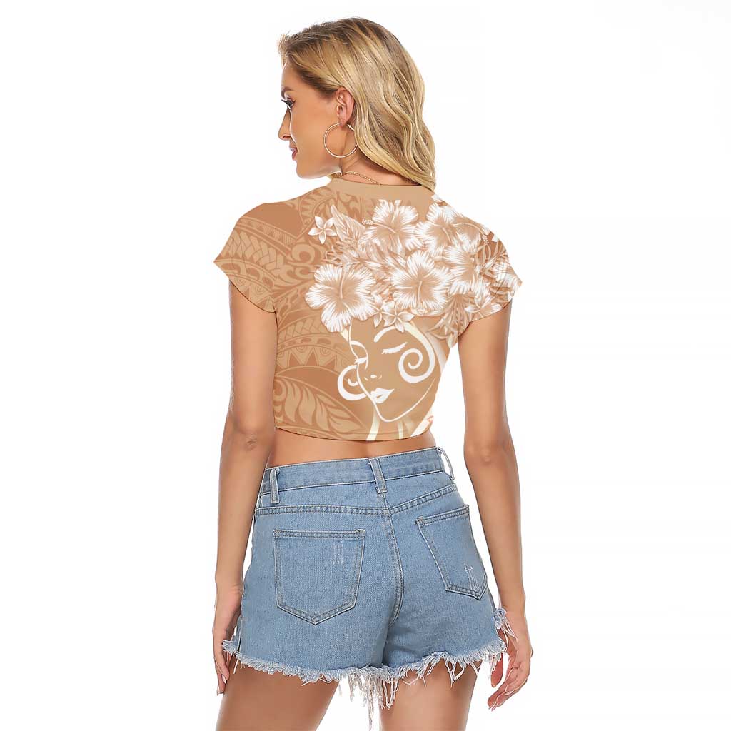 Polynesian Women's Day Raglan Cropped T Shirt Brown Hibiscus Flowers With Polynesian Pattern