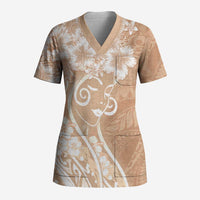 Polynesian Women's Day Scrub Top Brown Hibiscus Flowers With Polynesian Pattern