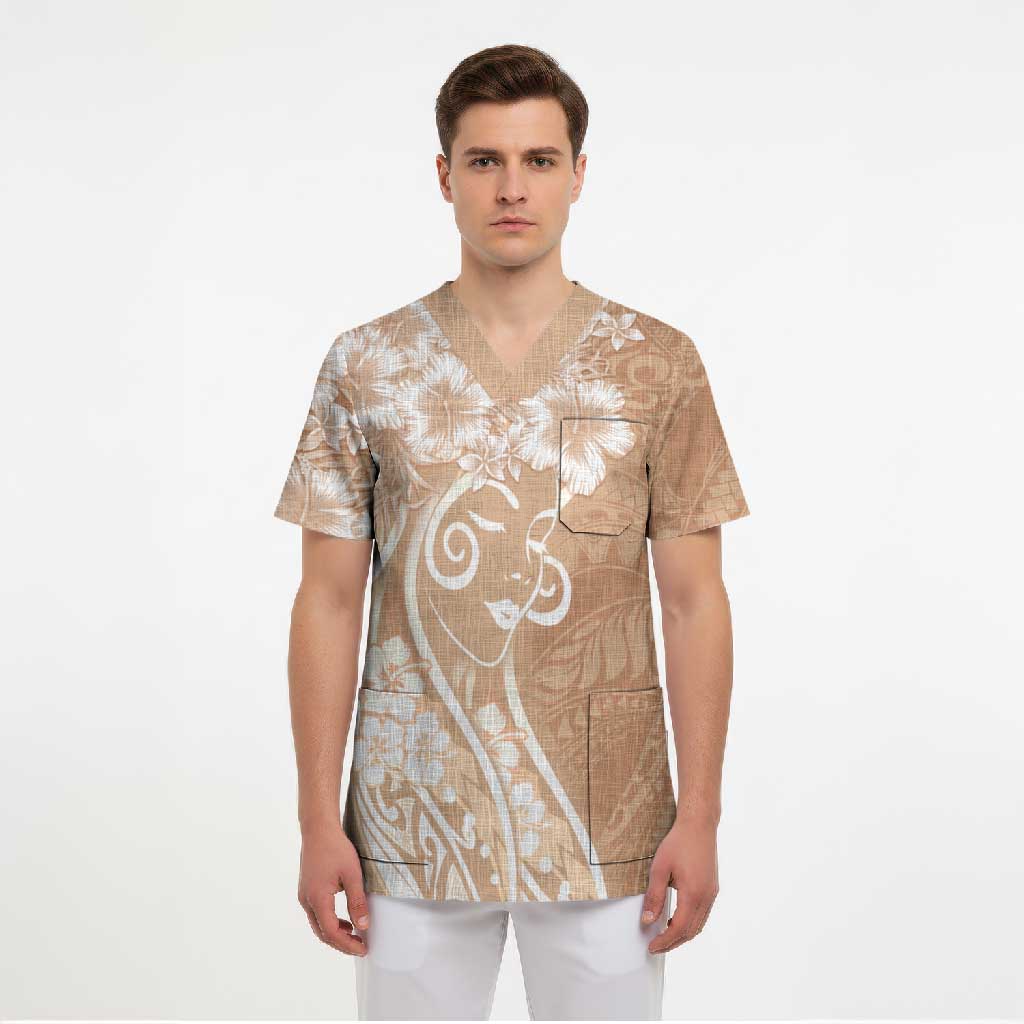 Polynesian Women's Day Scrub Top Brown Hibiscus Flowers With Polynesian Pattern