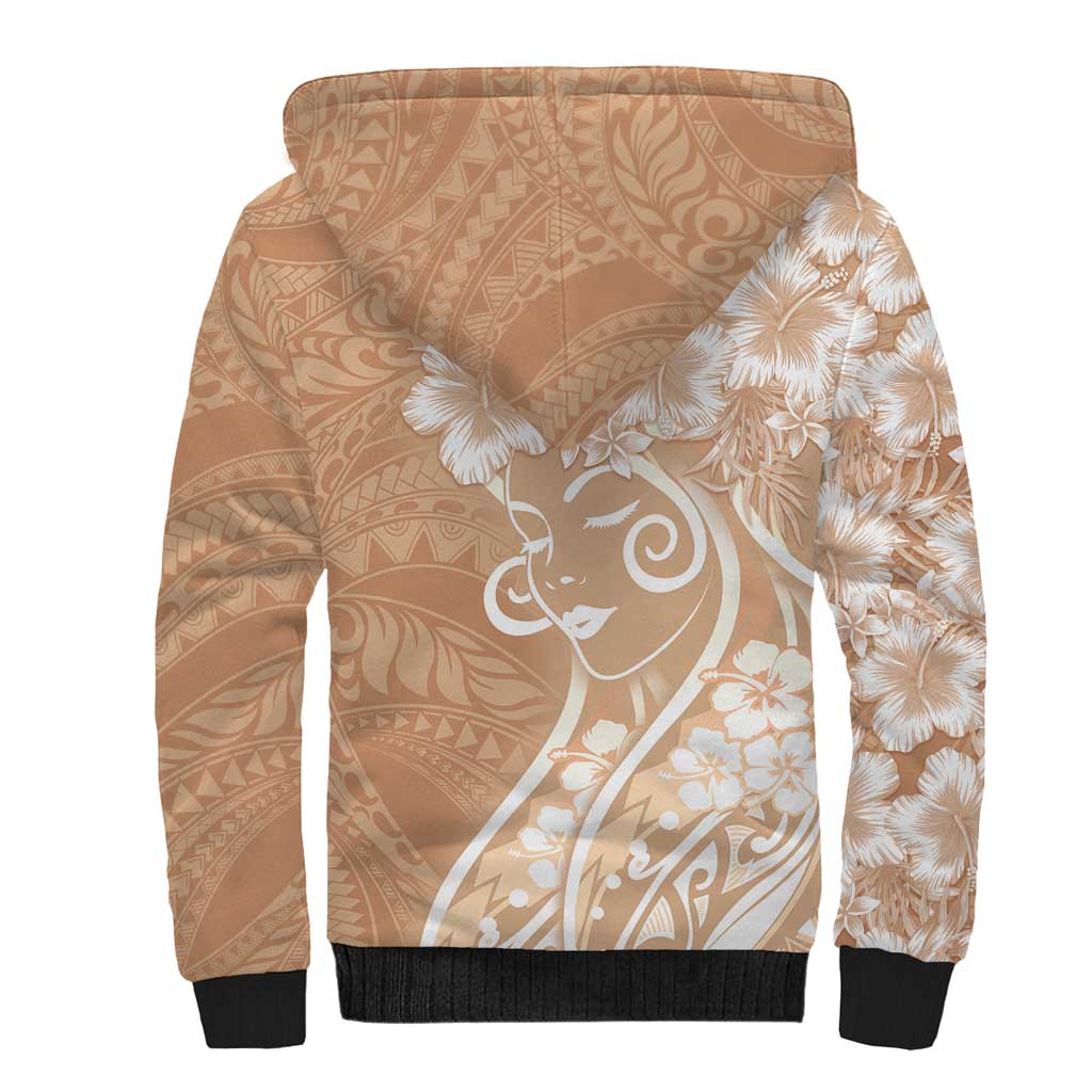 Polynesian Women's Day Sherpa Hoodie Brown Hibiscus Flowers With Polynesian Pattern