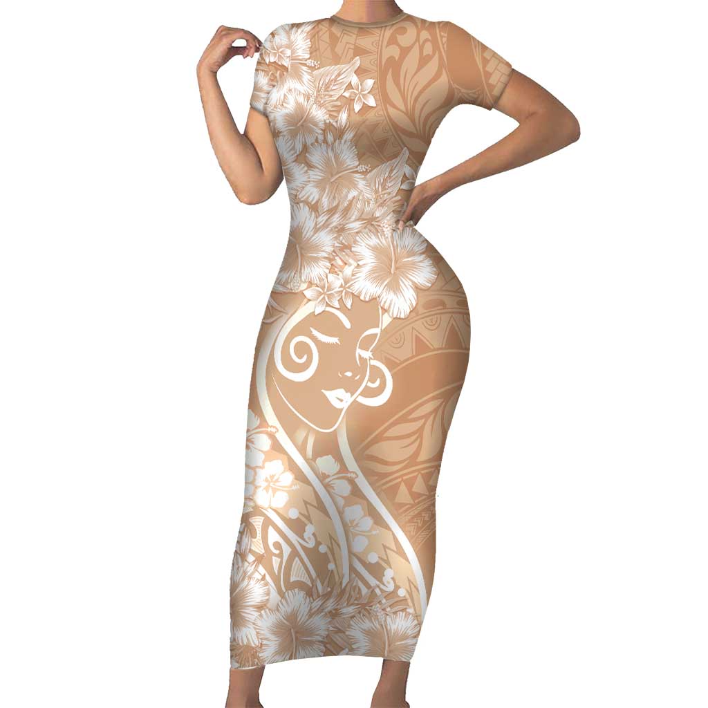 Polynesian Women's Day Short Sleeve Bodycon Dress Brown Hibiscus Flowers With Polynesian Pattern