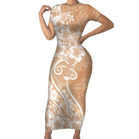 Polynesian Women's Day Short Sleeve Bodycon Dress Brown Hibiscus Flowers With Polynesian Pattern