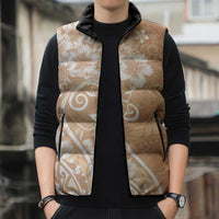 Polynesian Women's Day Sleeveless Puffer Jacket Brown Hibiscus Flowers With Polynesian Pattern