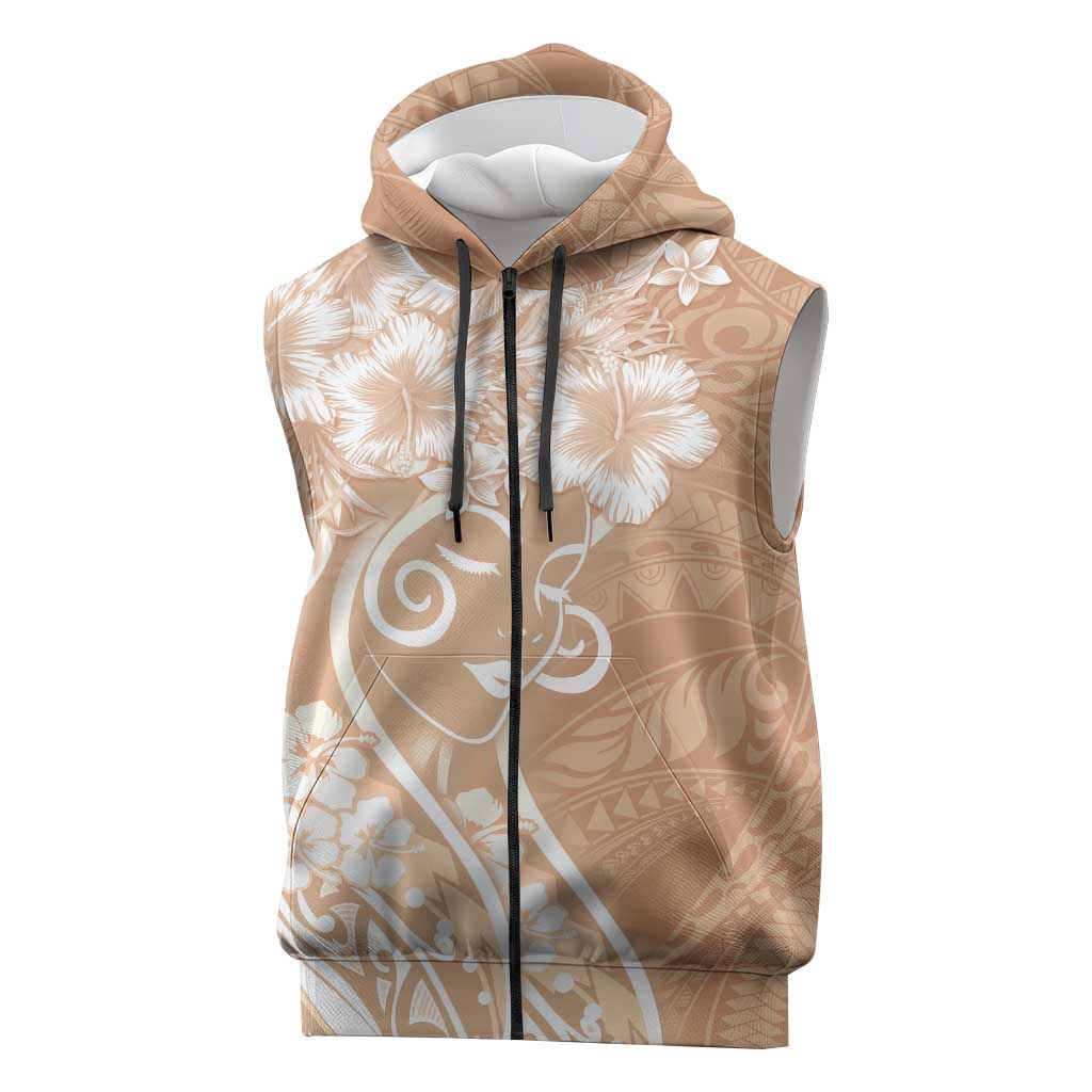 Polynesian Women's Day Sleeveless Zip Hoodie Brown Hibiscus Flowers With Polynesian Pattern