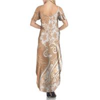 Polynesian Women's Day Summer Maxi Dress Brown Hibiscus Flowers With Polynesian Pattern