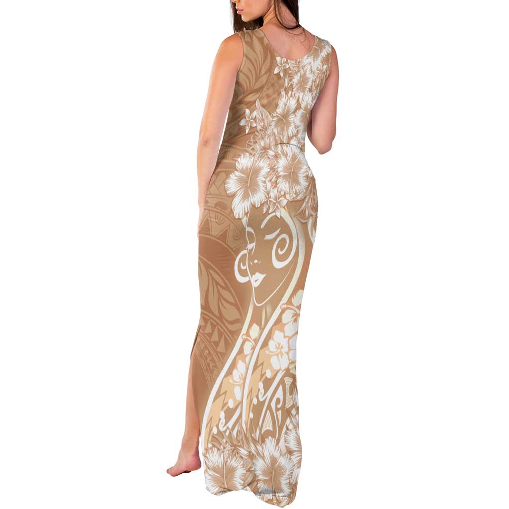 Polynesian Women's Day Tank Maxi Dress Brown Hibiscus Flowers With Polynesian Pattern