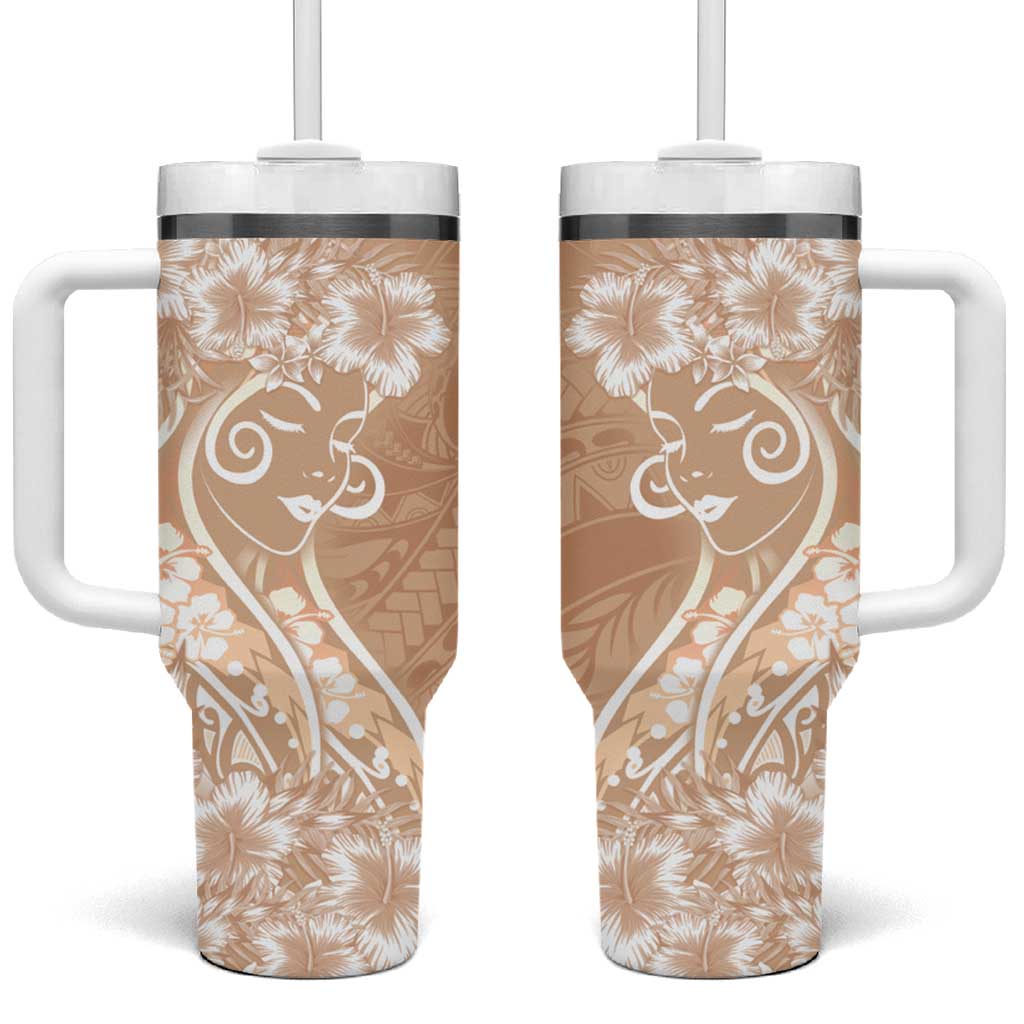 Polynesian Women's Day Tumbler With Handle Brown Hibiscus Flowers With Polynesian Pattern
