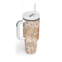 Polynesian Women's Day Tumbler With Handle Brown Hibiscus Flowers With Polynesian Pattern