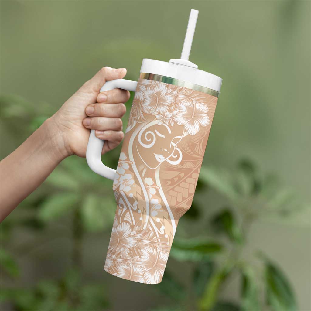 Polynesian Women's Day Tumbler With Handle Brown Hibiscus Flowers With Polynesian Pattern