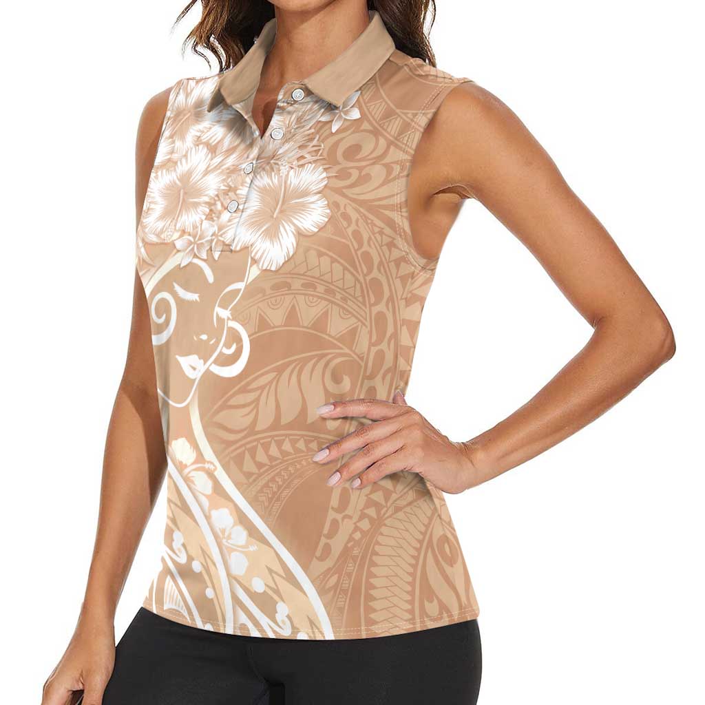 Polynesian Women's Day Women Sleeveless Polo Shirt Brown Hibiscus Flowers With Polynesian Pattern