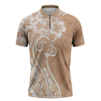 Polynesian Women's Day Zipper Polo Shirt Brown Hibiscus Flowers With Polynesian Pattern