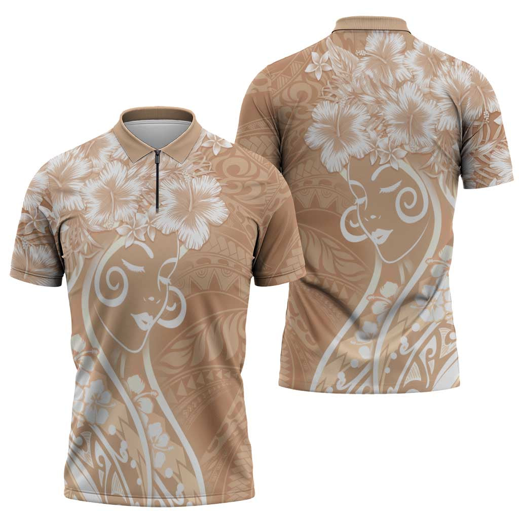 Polynesian Women's Day Zipper Polo Shirt Brown Hibiscus Flowers With Polynesian Pattern