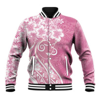 Polynesian Women's Day Baseball Jacket Pink Hibiscus Flowers With Polynesian Pattern
