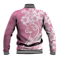 Polynesian Women's Day Baseball Jacket Pink Hibiscus Flowers With Polynesian Pattern