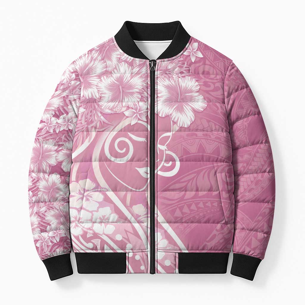 Polynesian Women's Day Bomber Puffer Jacket Pink Hibiscus Flowers With Polynesian Pattern