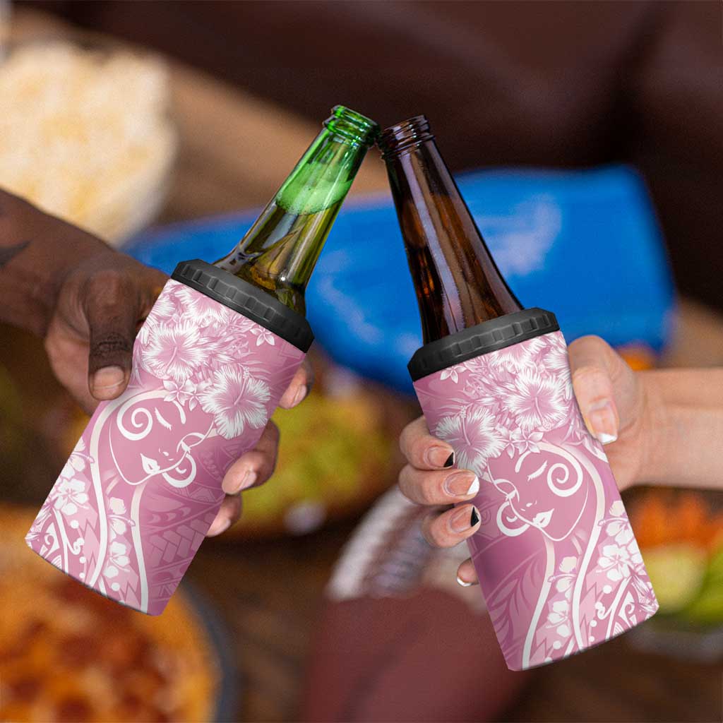 Polynesian Women's Day 4 in 1 Can Cooler Tumbler Pink Hibiscus Flowers With Polynesian Pattern