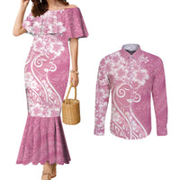 Polynesian Women's Day Couples Matching Mermaid Dress and Long Sleeve Button Shirt Pink Hibiscus Flowers With Polynesian Pattern