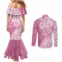 Polynesian Women's Day Couples Matching Mermaid Dress and Long Sleeve Button Shirt Pink Hibiscus Flowers With Polynesian Pattern