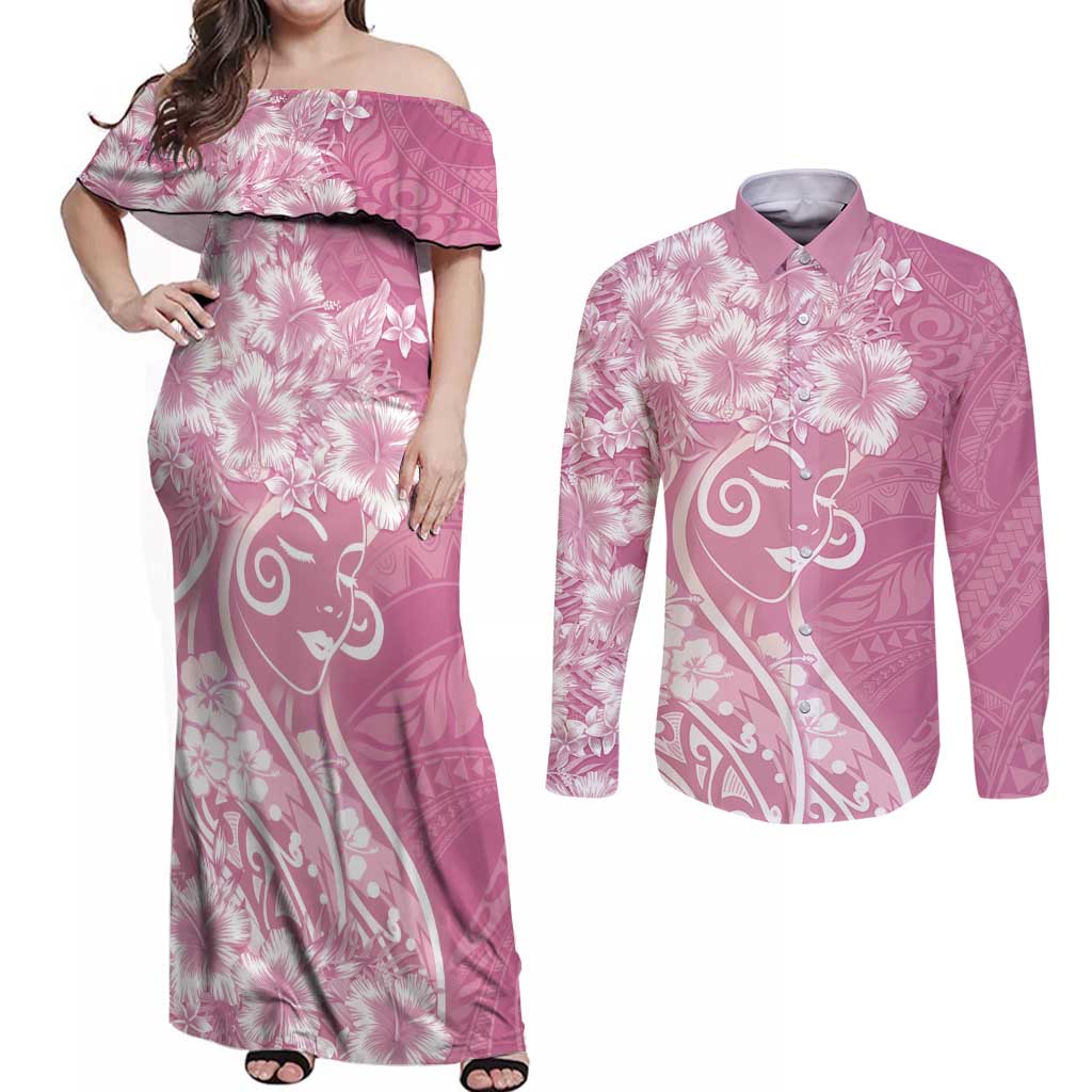 Polynesian Women's Day Couples Matching Off Shoulder Maxi Dress and Long Sleeve Button Shirt Pink Hibiscus Flowers With Polynesian Pattern