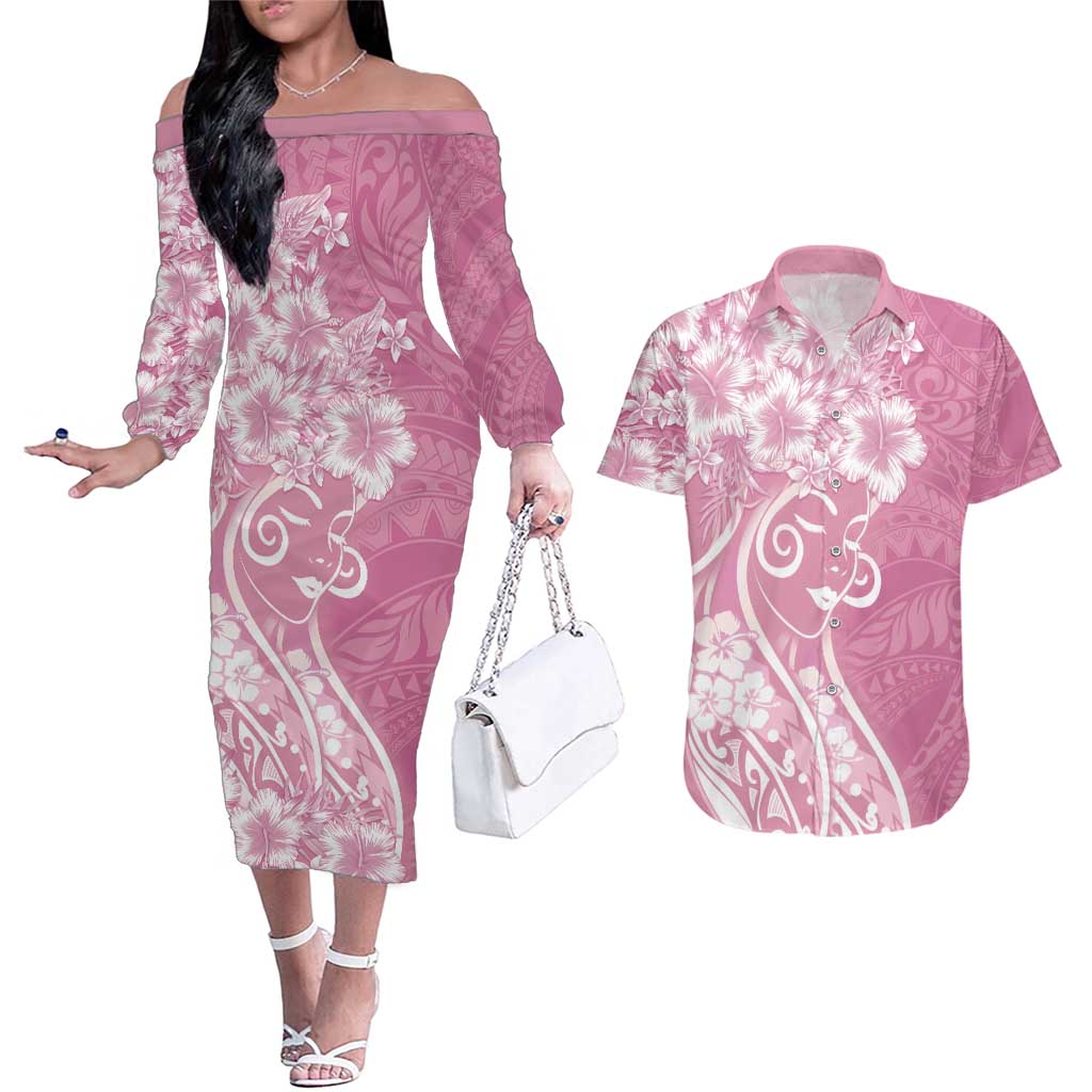 Polynesian Women's Day Couples Matching Off The Shoulder Long Sleeve Dress and Hawaiian Shirt Pink Hibiscus Flowers With Polynesian Pattern LT05 Pink - Polynesian Pride