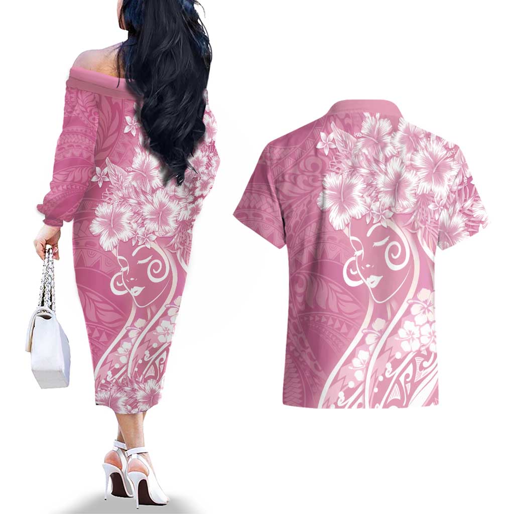Polynesian Women's Day Couples Matching Off The Shoulder Long Sleeve Dress and Hawaiian Shirt Pink Hibiscus Flowers With Polynesian Pattern LT05 - Polynesian Pride