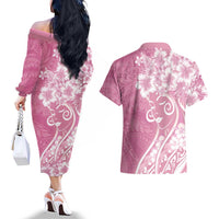 Polynesian Women's Day Couples Matching Off The Shoulder Long Sleeve Dress and Hawaiian Shirt Pink Hibiscus Flowers With Polynesian Pattern LT05 - Polynesian Pride