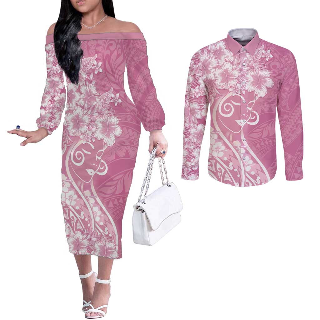 Polynesian Women's Day Couples Matching Off The Shoulder Long Sleeve Dress and Long Sleeve Button Shirt Pink Hibiscus Flowers With Polynesian Pattern