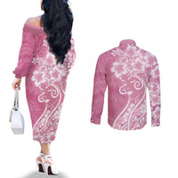 Polynesian Women's Day Couples Matching Off The Shoulder Long Sleeve Dress and Long Sleeve Button Shirt Pink Hibiscus Flowers With Polynesian Pattern