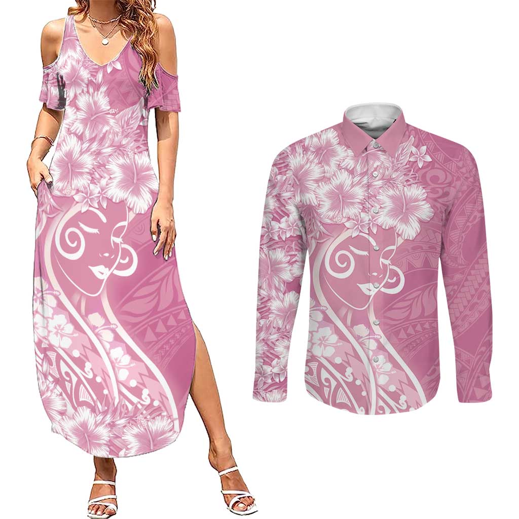 Polynesian Women's Day Couples Matching Summer Maxi Dress and Long Sleeve Button Shirt Pink Hibiscus Flowers With Polynesian Pattern