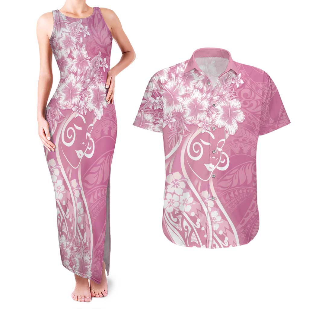 Polynesian Women's Day Couples Matching Tank Maxi Dress and Hawaiian Shirt Pink Hibiscus Flowers With Polynesian Pattern