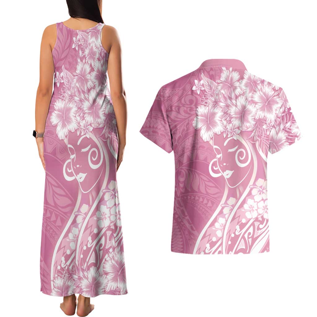 Polynesian Women's Day Couples Matching Tank Maxi Dress and Hawaiian Shirt Pink Hibiscus Flowers With Polynesian Pattern